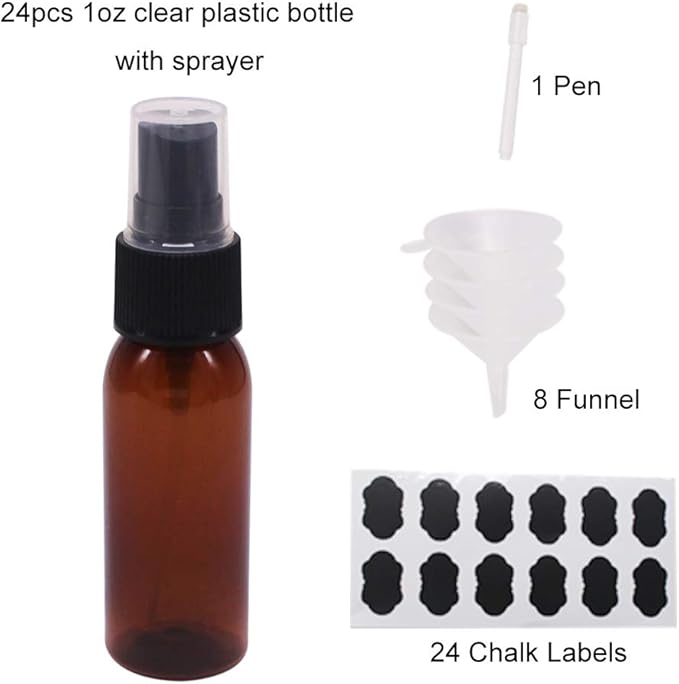 1 oz 24 Pack Amber Plastic Spray Bottles for Essential Oil, Perfume, Aromatherapy, Alcohol, Travel Bottles With Fine Mist Sprayer, Funnel, Chalk Labels, Pen