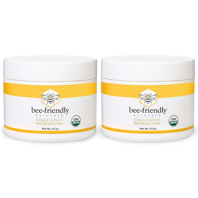 BeeFriendly Organic Face and Eye Cream, USDA Certified Organic Facial Moisturizer, All In One Natural Face, Eye, Neck, Decollete Cream Reduces Wrinkles & Lines, 4 oz - (2 Jars in a box)