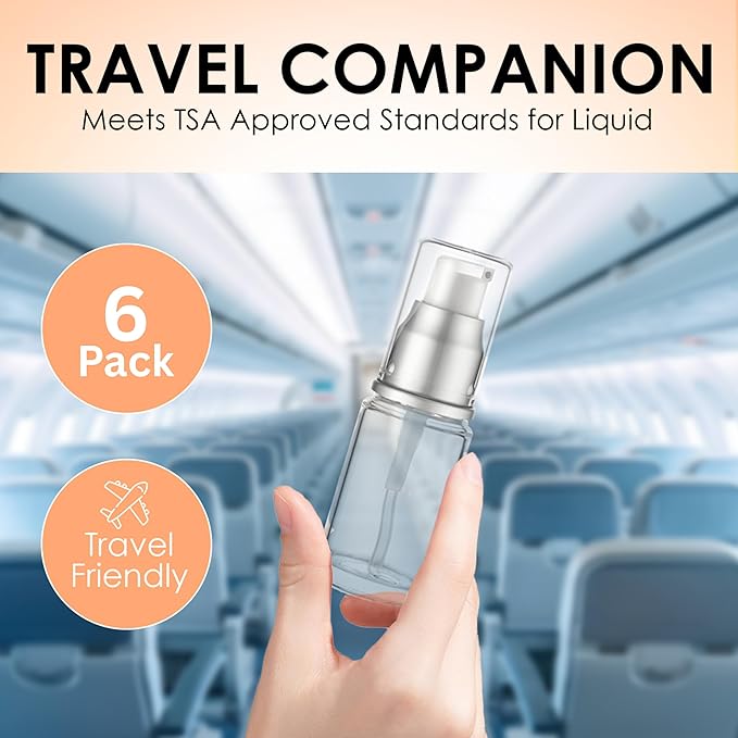0.5 Oz 15ml Refillable Luxury Clear Glass Lotion Travel Pump Bottle with Silver Cap for Cosmetics, Lotion, Body Cream, Sanitizers, Cream, Foundation (Pack of 6)