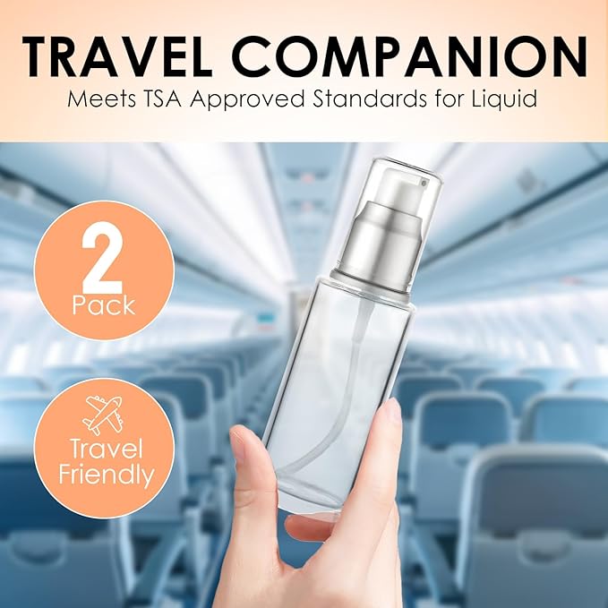 1.7 Oz 50ml Refillable Luxury Clear Glass Lotion Travel Pump Bottle with Silver Cap for Cosmetics, Lotion, Body Cream, Sanitizers, Cream, Foundation (Pack of 2)
