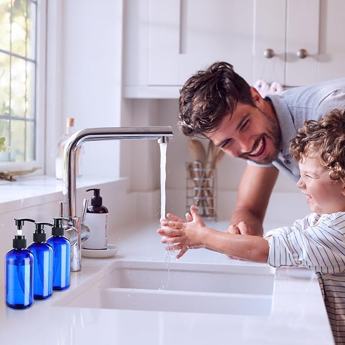 48 Pcs Pump Bottle Lotion Dispenser Refillable Shampoo Conditioner Hand Soap Dispenser Plastic Empty 8oz/250ml Clear Reusable Body Wash Container Bulk (Blue, Black)