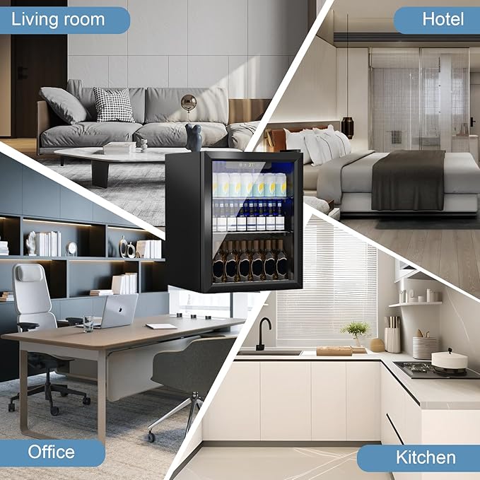 1.6 Cu.Ft Mini Fridge for 70 Cans, Small Beverage Refrigerator with Glass Door, Adjustable Shelves & Digital Display, Compact Drink Fridge for Bedroom, Office, Dorm, Bar, Under Counter Use