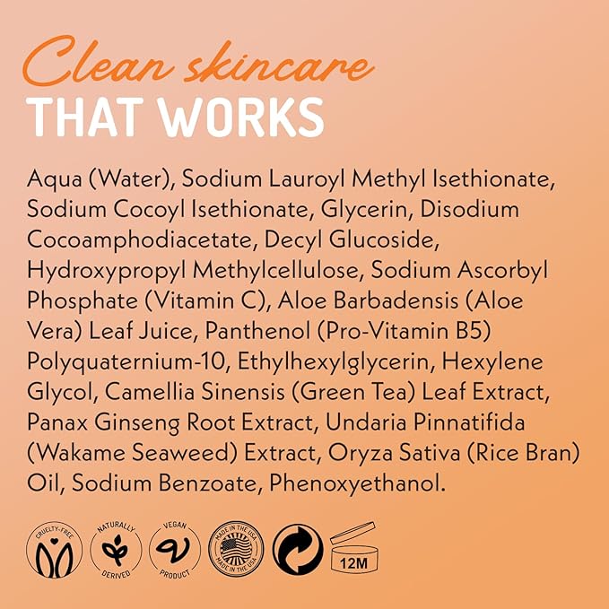 Vitamin C Cleanser Face Wash - HUGE 8 oz Gentle Facial Cleansing Gel for Uneven Skin Tone, Age Spots and Fine Lines - Natural Face Soap with Aloe Vera, Green Tea, Ginseng