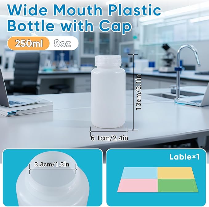 DEMORA 8 oz Plastic Bottles with Lids, Airtight Refillable Wide Mouth Travel Bottles for Toiletries, HDPE Food Grade Plastic Containers for Liquids Pill Water Sample Lab Reagent (Translucent, 2 Pcs)