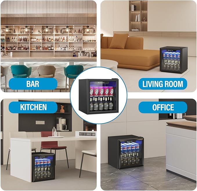 1.3 Cubic Feet Mini Fridge, 60 Can Freestanding Beverage Refrigerator with Glass Front Door for Soda, Beer Under Counter Small Refrigerator with Adjustable Shelves and Digital Display(Black)