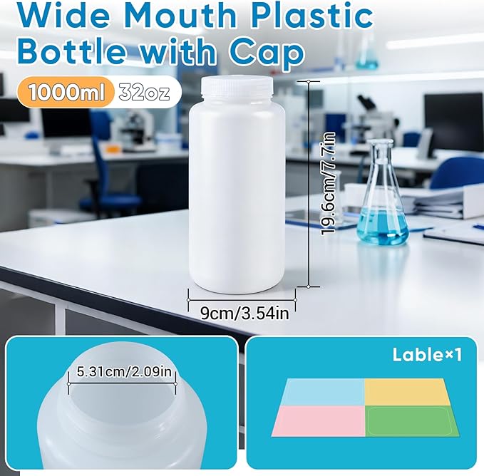 DEMORA 32 oz Plastic Bottles with Lids, Airtight Refillable Wide Mouth Travel Bottles for Toiletries, HDPE Food Grade Plastic Containers for Liquids Pill Water Sample Lab Reagent (Translucent, 2 Pcs)
