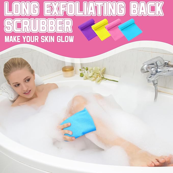 Tatuo 4 Pieces Korean Exfoliating Washcloth Body Back Scrubber Japanese Italy Exfoliating Cloth 35.5 Inch Long Bath Towel Washcloth Dead Skin Remover for Men Women(Mixed Color)