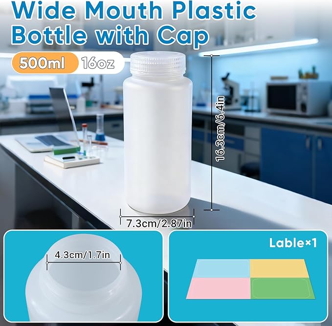 DEMORA 16 oz Plastic Bottles with Lids, Airtight Refillable Wide Mouth Travel Bottles for Toiletries, HDPE Food Grade Plastic Containers for Liquids Pill Water Sample Lab Reagent (Translucent, 2 Pcs)