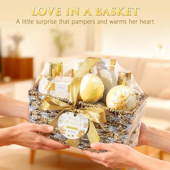 Christmas Birthday Gifts for Women, Honey & Almond Milk Relaxing Spa Gift Baskets for Women Self Care Package Bath Gift Set, Home Bath and Body Kit Pamper Gifts for Womens Mom Her Friends Sister Wife