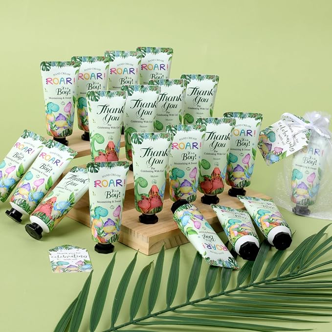 50 Pack Bulk Hand Cream Gifts Sets, Baby Shower Favors and Wedding Welcome Bag Stuffers for Guests with Thank You Card and Organza Gift Bags, Appreciation Gifts, Bridal Shower Favors (Dinosaur)