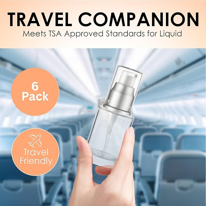 1 Oz 30ml Refillable Luxury Clear Glass Lotion Travel Pump Bottle with Silver Cap for Cosmetics, Lotion, Body Cream, Sanitizers, Cream, Foundation (Pack of 6)