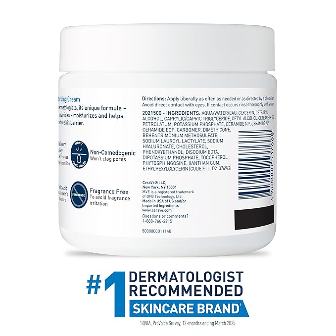 CeraVe Moisturizing Cream, Body and Face Moisturizer for Dry Skin, Body Cream with Hyaluronic Acid and Ceramides, Daily Moisturizer, Oil-Free, Fragrance Free, Non-Comedogenic, 19 Ounce