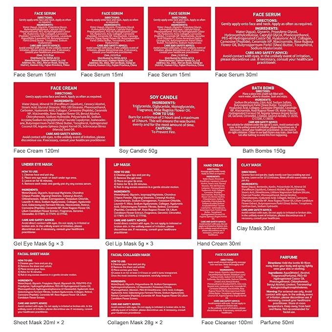 Christmas Gifts for Women, Red Rose 33 Pcs Spa Bath & Body Gift Set, Face Sheet Mask Skin Care, Hydrogel Mask, Lip Gloss, Cosmetic Bag, Face Serum, Necklace, Cleanser, Gua Sha, Mother Day, Birthday