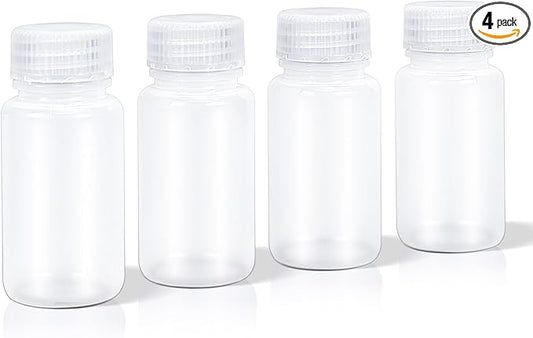 DEMORA 2 oz Small Plastic Bottles with Caps, Airtight Refillable Wide Mouth Travel Bottles for Toiletries, PP Food Grade Plastic Containers for Liquids Pill Sample Lab Reagent (Clear, 4 Pcs)