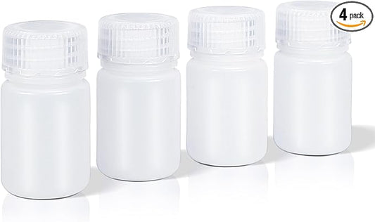 DEMORA 1 oz Small Plastic Bottles with Caps, Airtight Refillable Wide Mouth Travel Bottles for Toiletries, HDPE Food Grade Plastic Containers for Liquids Pill Sample Lab Reagent (Translucent, 4 Pcs)