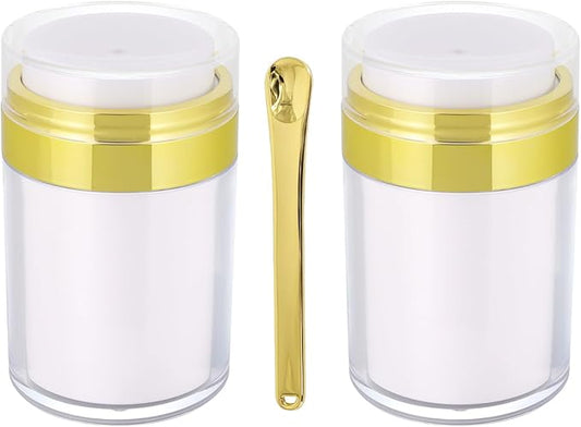2Pack Airless Pump Jars with Cosmetic Spatula, 3.5 oz Empty Refillable Cosmetic Air Pump Jars Bottles Airless Lotion Cream Dispenser Portable Travel Makeup Containers (Gold)