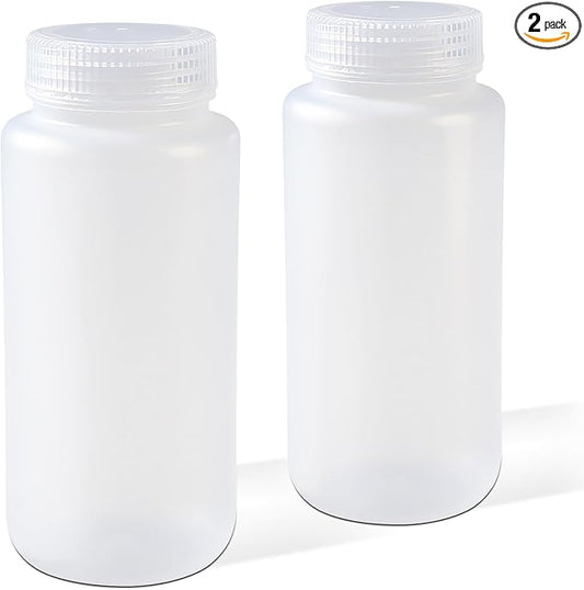 DEMORA 16 oz Plastic Bottles with Lids, Airtight Refillable Wide Mouth Travel Bottles for Toiletries, HDPE Food Grade Plastic Containers for Liquids Pill Water Sample Lab Reagent (Translucent, 2 Pcs)