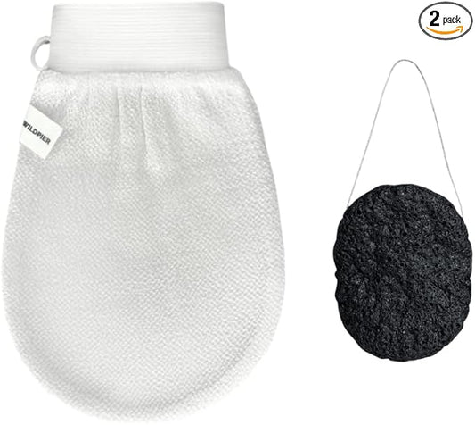 Wildpier Deep Exfoliating Glove and Bamboo Charcoal Konjac Sponge Bundle