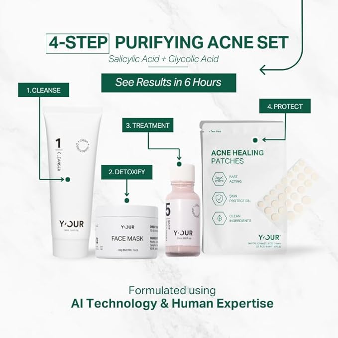 Y’OUR Acne-Care Sets: Acne Treatment Duo, 3-Step Acne Set, Purify & Treat Acne Set, Bloom & Blur Acne Set, Adult Acne Set. 4-Step Purifying Acne System. Made in USA. Holiday Gift Bundle