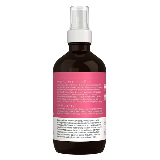 Rosewater and Glycerin Spray – Hydrating & Refreshing Rose Water Spray for Face & Hair – Facial Mist Toner with Hyaluronic Acid to Soothe, Soften, Tone & Prep Skin – Alcohol-Free, 4 Fl Oz
