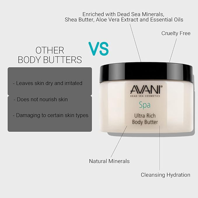 Avani Dead Sea Body Butter – Ultra-Rich Exfoliating & Hydrating Formula with Aloe Vera, Shea, Jojoba, Sunflower & Olive Oils – Suitable for All Skin Types – Vanilla