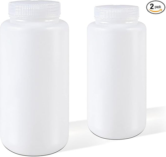 DEMORA 32 oz Plastic Bottles with Lids, Airtight Refillable Wide Mouth Travel Bottles for Toiletries, HDPE Food Grade Plastic Containers for Liquids Pill Water Sample Lab Reagent (Translucent, 2 Pcs)