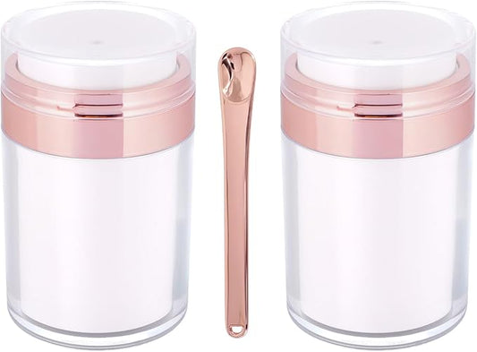 2Pack Airless Pump Jars with Cosmetic Spatula, 3.5 oz Empty Refillable Cosmetic Air Pump Jars Bottles Airless Lotion Cream Dispenser Portable Travel Makeup Containers (Rosegold)