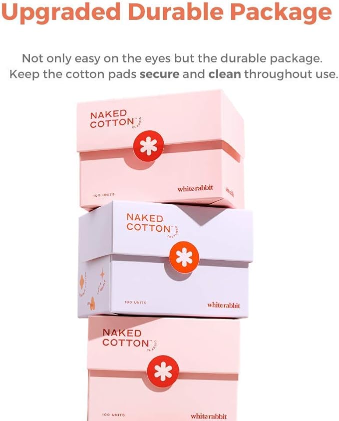 White Rabbit – Naked Cotton Textured – Unbleached Perforated Cotton Pads for Toner, Makeup Removal & Masks | Lint-Free, Exfoliating, Natural & Cruelty-Free | Korean Skin Care Product (200 Count)