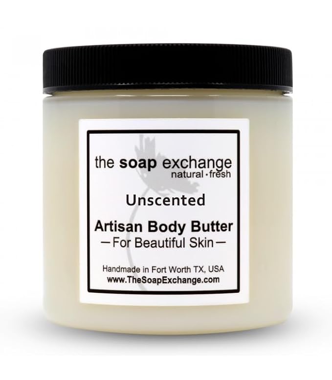 The Soap Exchange Body Butter - Unscented Fragrance Free - Hand Crafted 4 fl oz / 120 ml Natural Artisan Skin Care, Shea Butter, Aloe Vera, Nourish, Moisturize, & Protect. Made in the USA.