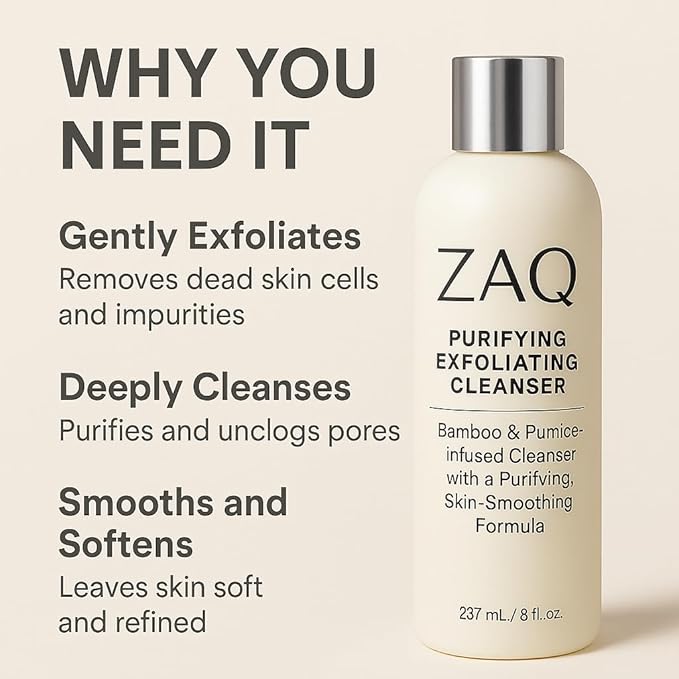 ZAQ Purifying Exfoliating Cleanser, Bamboo & Pumice Infused Face Wash, 8 fl oz - Made In USA