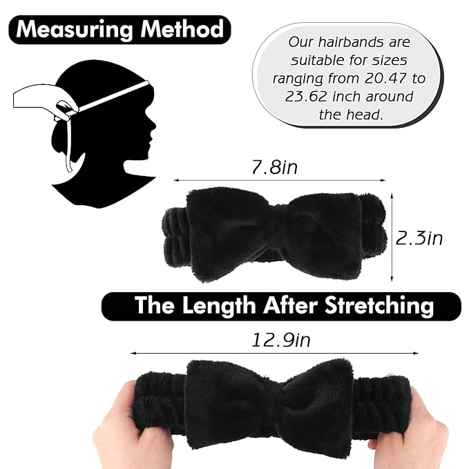 Zkptops 6Pcs Spa Headband for Washing Face Wristbands Set Women Bubble Skincare Makeup Sponge Terry Cloth Padded Puffy Headband Bow Tie Hairband Cute Non Slip Thick Hair Accessory Gifts(Black)