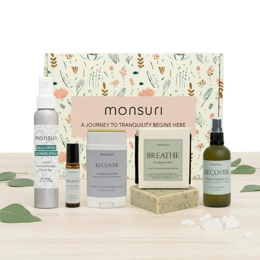 Get Well Soon Gift Baskets for Women Self Care | 5-Piece Get Well Gifts for Women, Surgery Recovery Items with Eucalyptus Shower Spray, Arnica Body Oil, Sore Muscles Balm, Bar Soap, EO Roller.