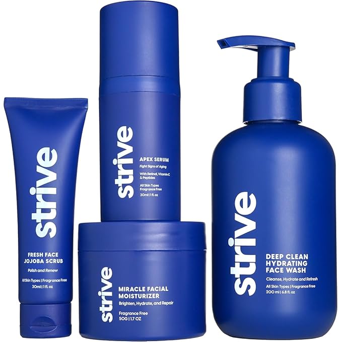 Strive Apex Skin Care Set - Advanced Anti Aging - Fragrance Free, All Skin Types, Fights Dark Circles Dull Skin - Peptides, Retinal, Vitamin C, Niacinamide (Face Wash, Scrub, Moisturizer, Serum)