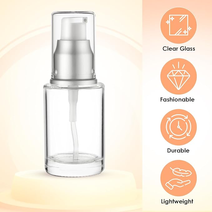 1 Oz 30ml Refillable Luxury Clear Glass Lotion Travel Pump Bottle with Silver Cap for Cosmetics, Lotion, Body Cream, Sanitizers, Cream, Foundation (Pack of 3)