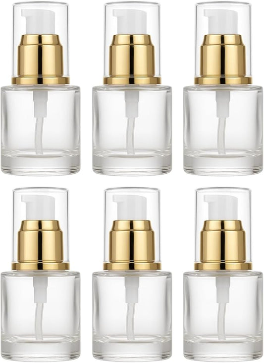 6Packs 20ml Clear Glass Lotion Pump Bottles Refillable Travel Cosmetic Containers with Pump and Clear Cap Mini Empty Dispenser Jars for Serum, Essence, Toner, Skincare, Essential Oils (Golden)
