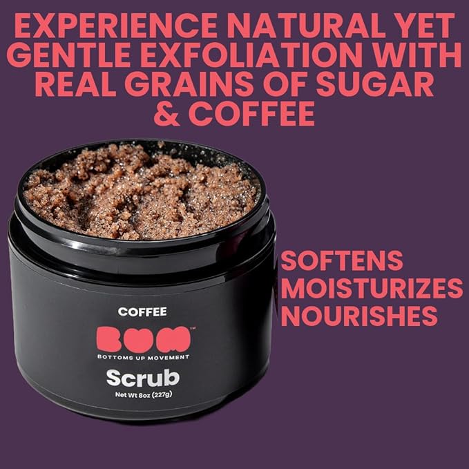 (BUM) Coffee Scrub - Exfoliating Sugar Body Polish, Hydrates, Moisturizes, Anti Cellulite & Stretchmark Treatment, with Organic Shea, Coconut Oil, Rosehip, Vitamin E, & Jojoba, Natural Deodorant, 8oz