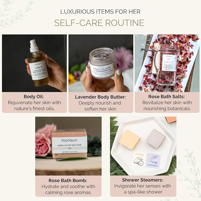 Self Care Gift Basket for Mom: New Mommy Care Package Pampering Gift Set with Bath Accessories and Natural Skincare Products. Our Spa Day Kit for Women is the ideal Birthday Gift Basket for her.