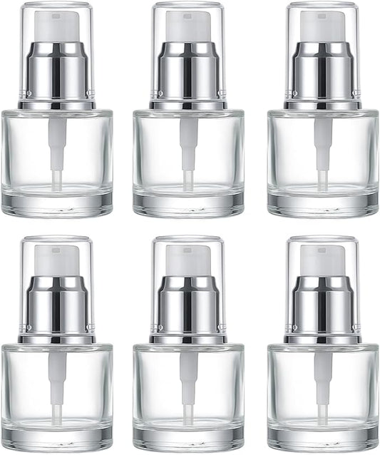 6Packs 20ml Clear Glass Lotion Pump Bottles Refillable Travel Cosmetic Containers with Silver Pump and Clear Cap Mini Empty Dispenser Jars for Serum, Essence, Toner, Skincare, Essential Oils (Silver)