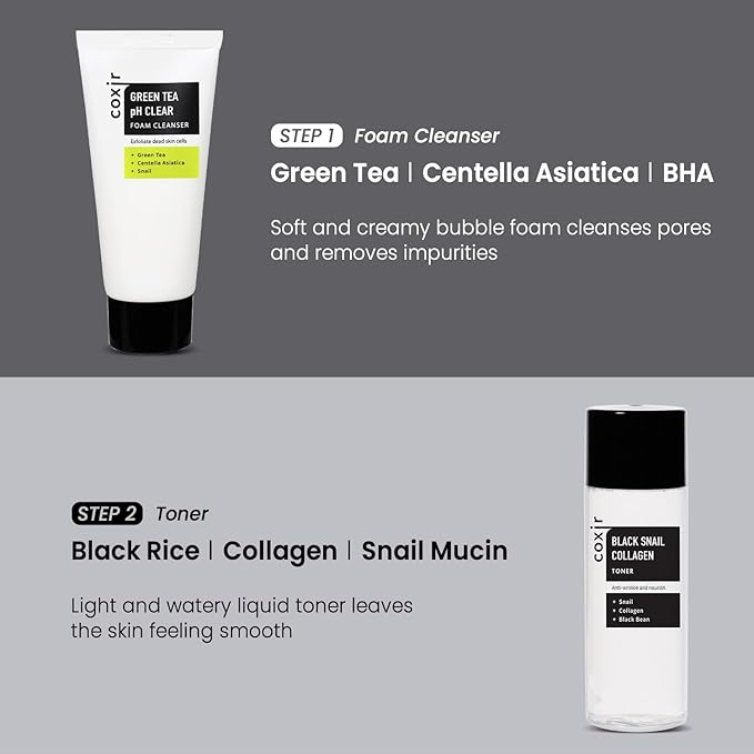 [Christmas Gift Set] coxir Black Snail Collagen Starter Kit – Cleanser, Toner, Serum & Cream | Repairing Snail Mucin Skincare Set, Hydrating Korean Beauty Routine for Women (4-Piece)