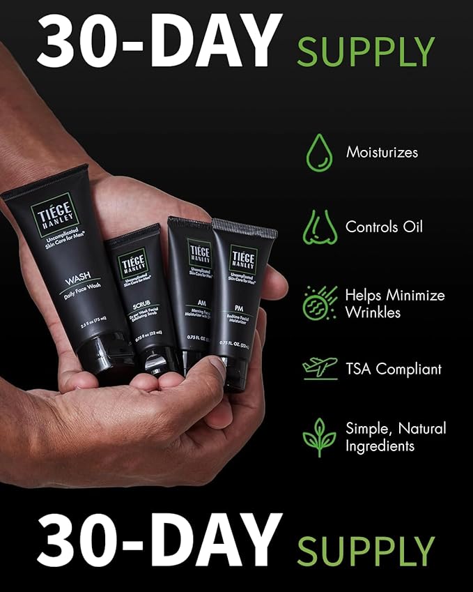 Tiege Hanley Skin Care Set for Men, Essential Routine, System Level 1, Daily Face Wash, Facial Scrub, Moisturizer With SPF, and Night Cream for Healthy, Hydrated Skin, Men’s Skin Care, 4 Piece Kit