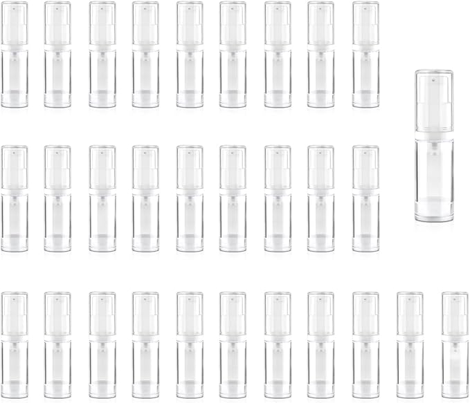 30Pcs 5ml Clear Vacuum Lotion Pump Bottles without Straw Empty Refillable Airless Cream Jars Mini Cosmetic Containers for Essense Foundation Gel Moisturiser,2 Pipettes,1 Funnel