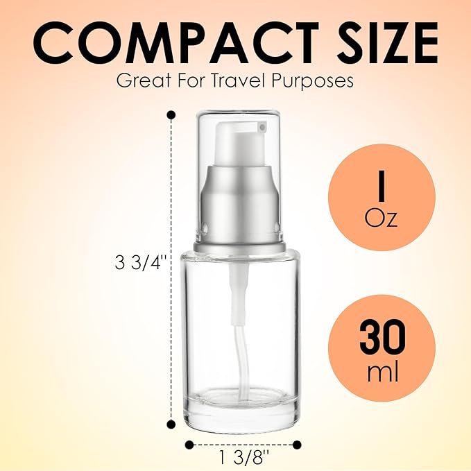 1 Oz 30ml Refillable Luxury Clear Glass Lotion Travel Pump Bottle with Silver Cap for Cosmetics, Lotion, Body Cream, Sanitizers, Cream, Foundation (Pack of 3)
