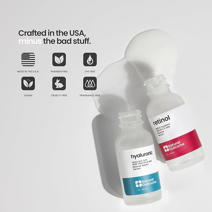 Natural Outcome Hyaluronic Acid, Vitamin C Face Serum and Retinol Facial Serum - Night and Day Anti Aging Facial Serum and Hydrating Serum Set 1 oz Each, Vegan, Cruelty Free & Fragrance Free