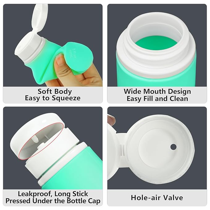 Travel Bottles - 4 Pack TSA Approved Leakproof Silicone Portable Refillable Containers for Shampoo, Conditioner, Body Lotion, Soap (3oz/89ml)