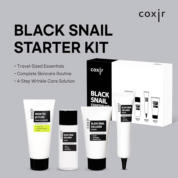 [Christmas Gift Set] coxir Black Snail Collagen Starter Kit – Cleanser, Toner, Serum & Cream | Repairing Snail Mucin Skincare Set, Hydrating Korean Beauty Routine for Women (4-Piece)