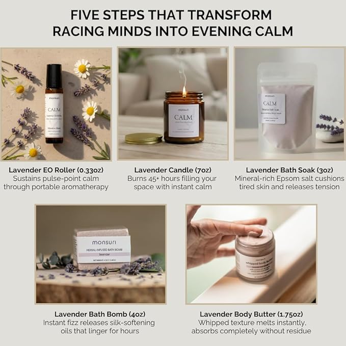 Lavender Relaxation Gifts for Women | Home Spa Kit with 5 Self Care Products for Deep Relaxation with Aromatherapy Candle, Bath Bomb, Soak, Body Butter & Roller. Lavender Gifts for Women Self Care.