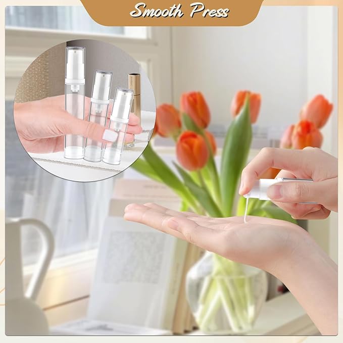 30Pcs 5ml Clear Vacuum Lotion Pump Bottles without Straw Empty Refillable Airless Cream Jars Mini Cosmetic Containers for Essense Foundation Gel Moisturiser,2 Pipettes,1 Funnel
