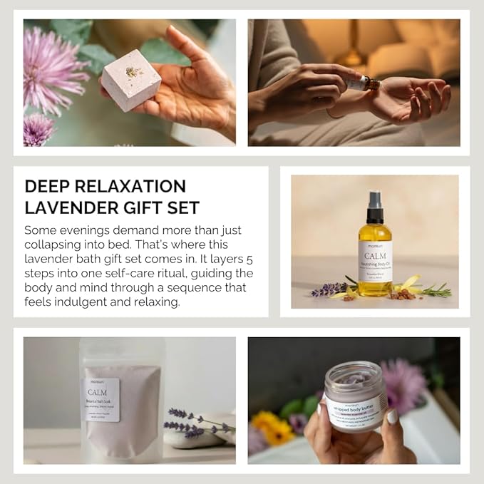 Lavender Relaxation Gifts for Women | Home Spa Kit with 5 Self Care Products for Deep Relaxation with Aromatherapy Candle, Bath Bomb, Soak, Body Butter & Roller. Lavender Gifts for Women Self Care.
