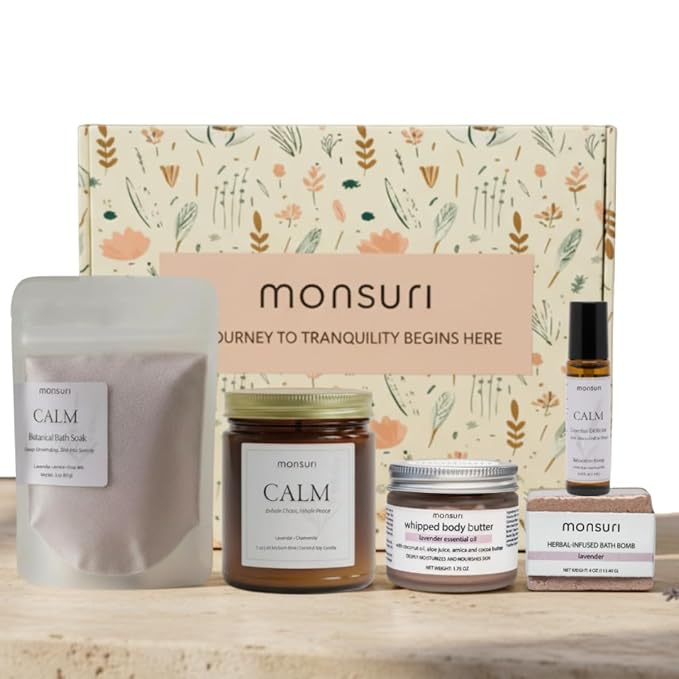 Lavender Relaxation Gifts for Women | Home Spa Kit with 5 Self Care Products for Deep Relaxation with Aromatherapy Candle, Bath Bomb, Soak, Body Butter & Roller. Lavender Gifts for Women Self Care.