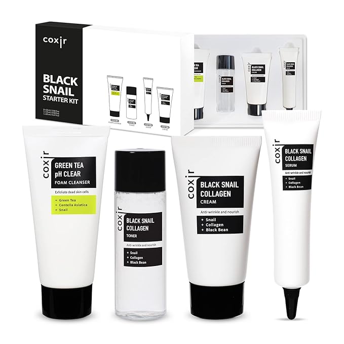 [Christmas Gift Set] coxir Black Snail Collagen Starter Kit – Cleanser, Toner, Serum & Cream | Repairing Snail Mucin Skincare Set, Hydrating Korean Beauty Routine for Women (4-Piece)